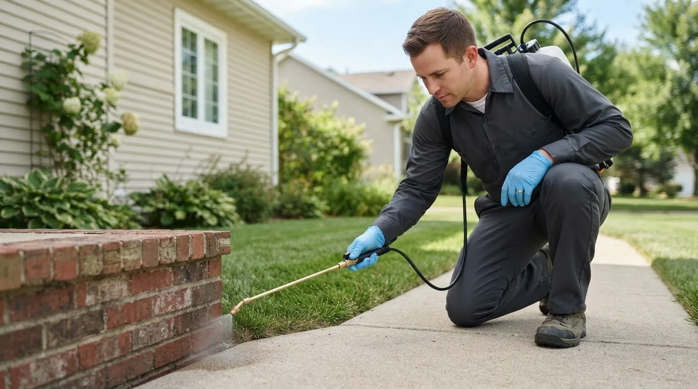 Pest control technician treating a home near Sterling City, TX